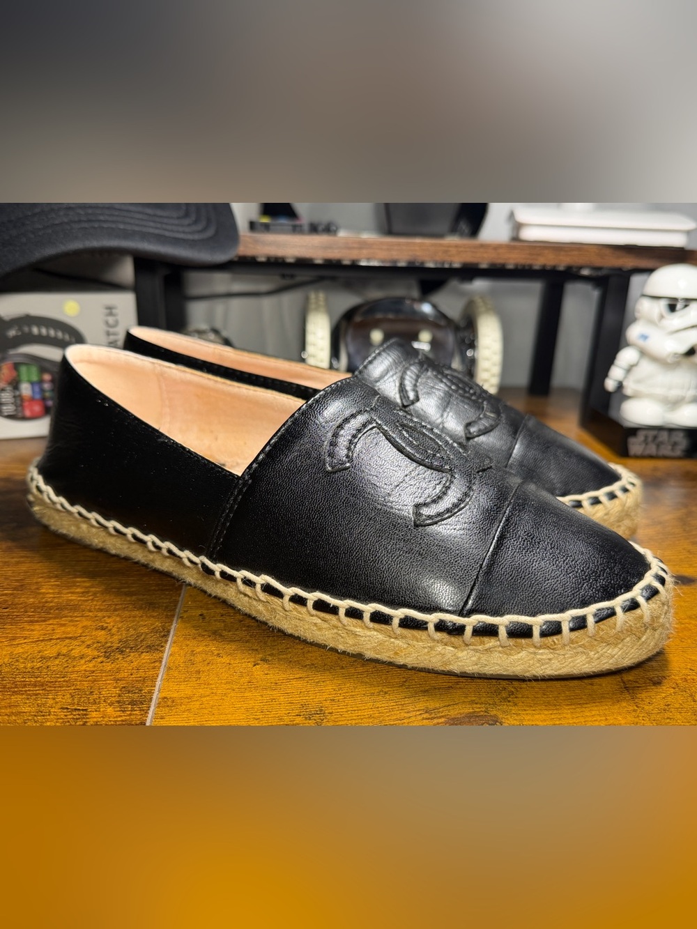 CHANEL Black Leather Espadrille Slip-On Loafers - Picture 6 of 13